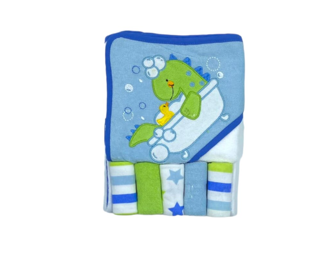 TOALLA CON CAPUCCHA CON 5 TOALLITAS DINO AZUL