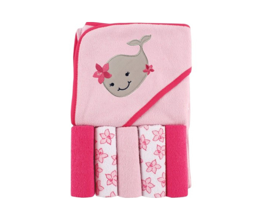 SET TOALLA Y 5 TOALLITAS BALLENITA ROSADO CUTE AND JOY