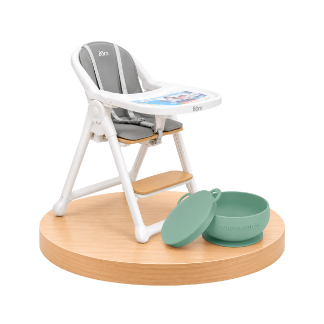 Combo: Silla de Comer 4 en 1 Montessori + Plato Bowly Verde | Gris - Born