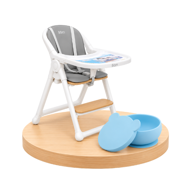 Combo: Silla de Comer 4 en 1 Montessori + Plato Bowly Azul | Gris - Born