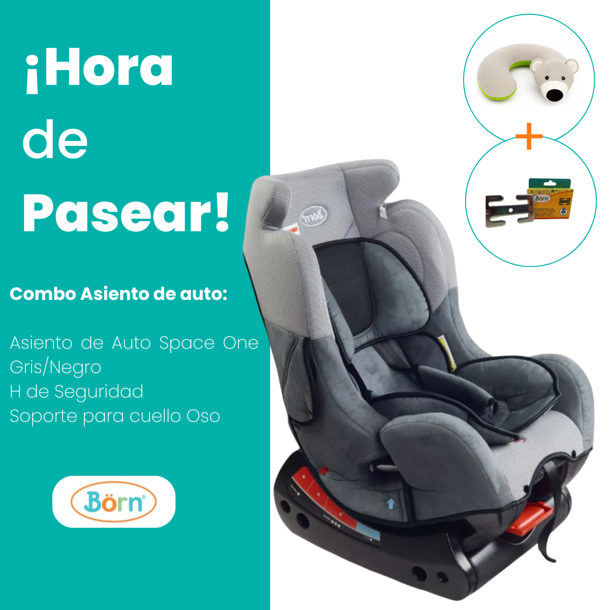 Combo Asiento de Auto Space One Gris + Soporte Para Cuello y H de Seguridad