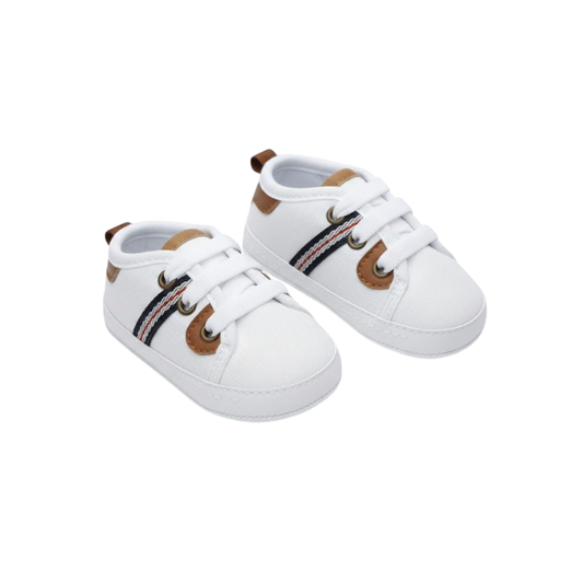 Zapatilla Bebe Blanco Franja Azul / Cordón - Peke