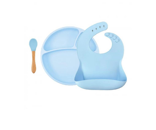 Set De Babero -Cuchara- Plato Con divisiones Azul  Minikoioi