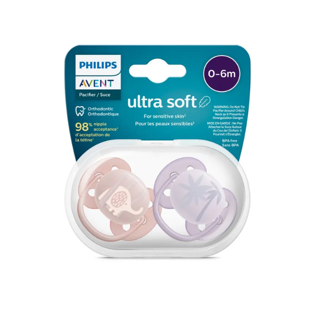 Chupón Ultra Soft 0-6m Niño x2 | Elefant Ro/Lila - Avent