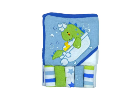 TOALLA CON CAPUCCHA CON 5 TOALLITAS DINO AZUL