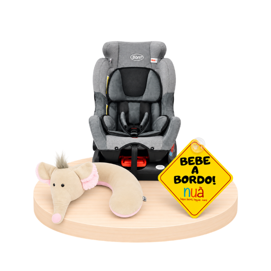 Combo: Asiento de Auto Space One + Soporte de Cuello Elefante + Bebé a Bordo | Gris/Negro - Born