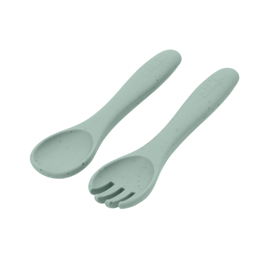Cuchara y Tenedor Platinum Silicon | Menta - Kikkaboo