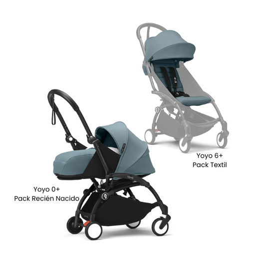 Estructura Coche Yoyo 3 Negro + Pack Recién Nacido 0+ + Cobertura Babyzen 6+ | Aqua - Yoyo