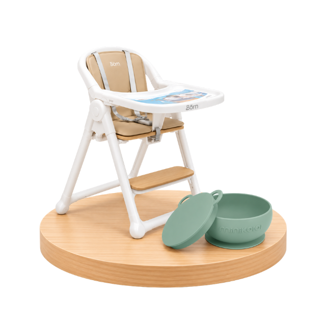 Combo: Silla de Comer 4 en 1 Montessori + Plato Bowly Verde | Beige - Born