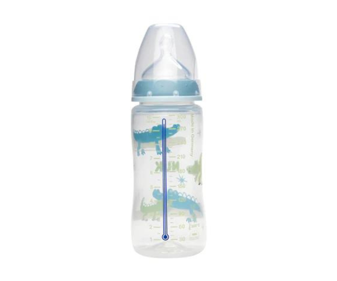 NUK First Choice+ Biberón de 300 ml con tetina de silicona, para bebés de  6-18 meses, válvula anticólicos, libre de bisfenol A y con indicador de